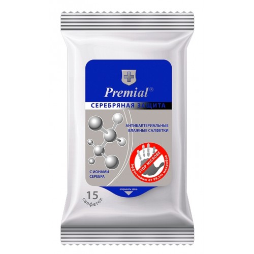 PREMIAL Влажные салфетки антибактериальные 15шт Серебряная защита